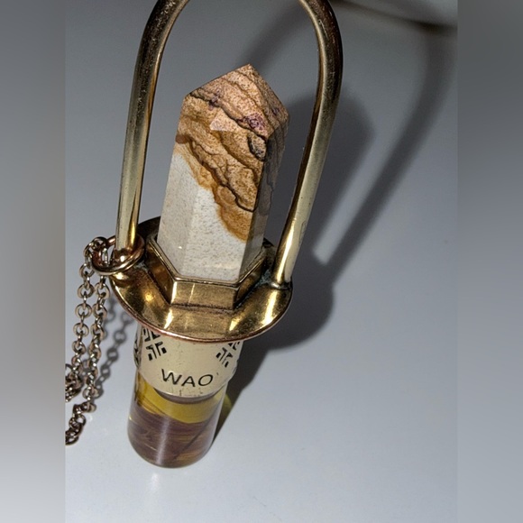 NWOT - Handmade Brass Essential Oil Rollerball Necklace with Ocean Jasper Stone - Picture 2 of 11